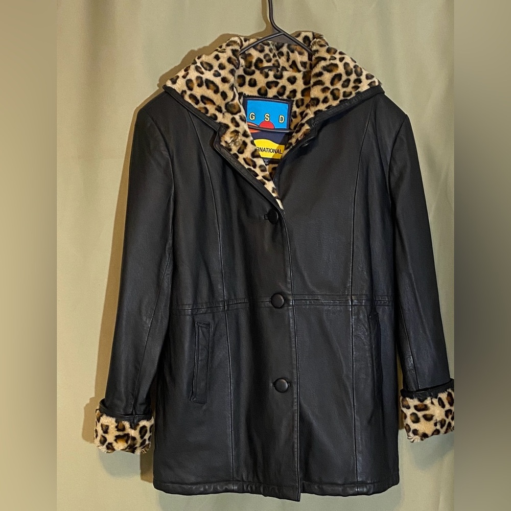 G S D International Black Leather  Hooded Coat size M